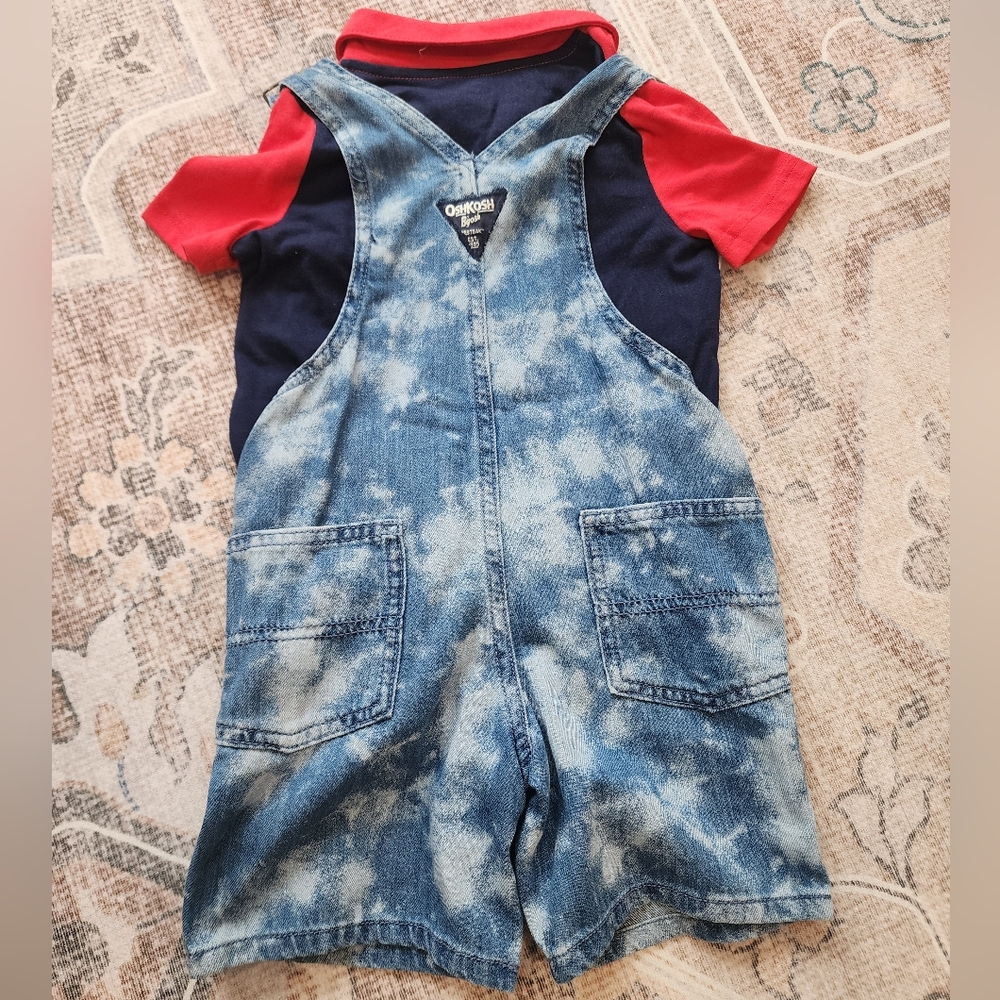 OshKosh B'gosh Blue Denim Overalls with Red Top - Picture 2 of 4